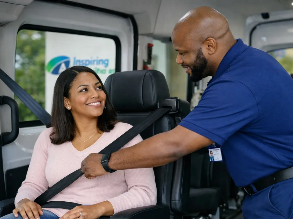 Driver helping an ambulatory passenger fasten a seat belt inside an accessible van