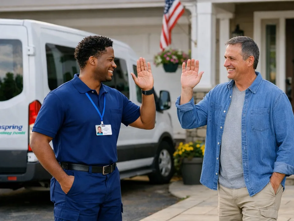 Driver greeting a passenger beside a medical transportation van