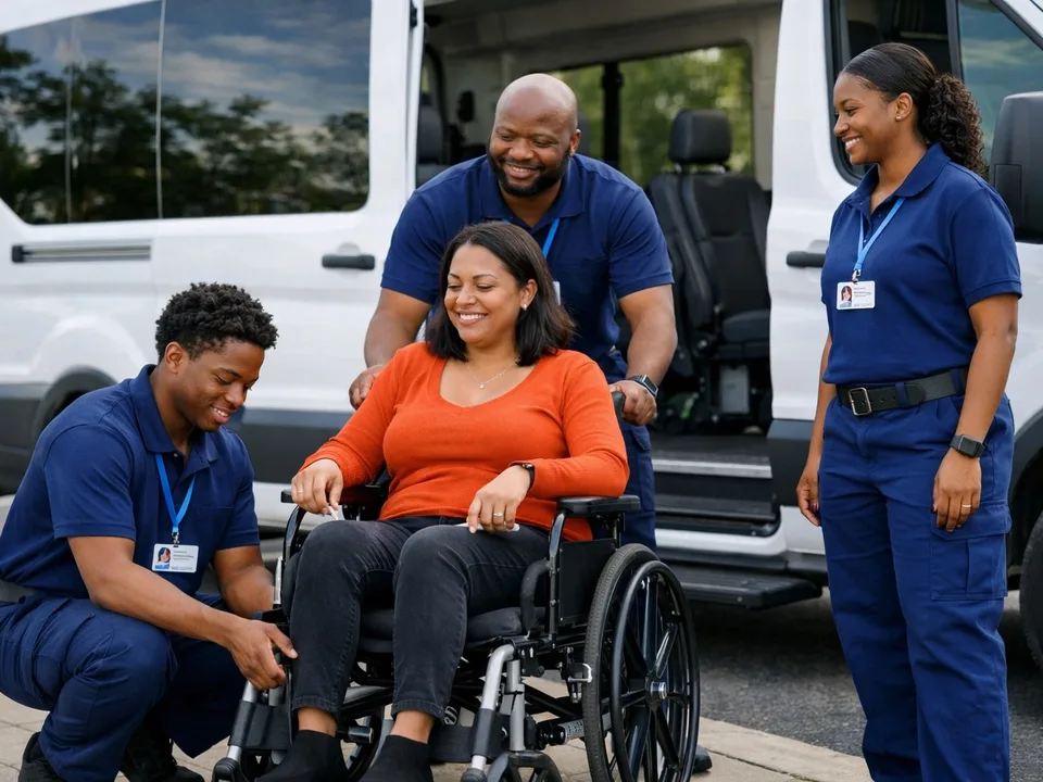 Transportation team assisting a passenger using a wheelchair beside an accessible van