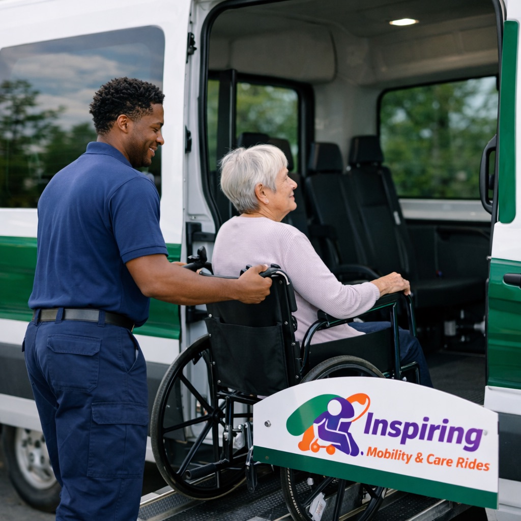 Inspiring Care Rides driver assisting a senior woman in a wheelchair into the accessible van