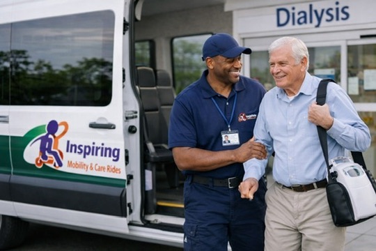 Inspiring Care Rides driver walking with a patient outside a dialysis center