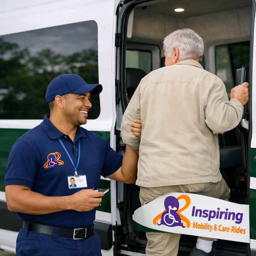 Inspiring Care Rides driver helping an elderly man board the accessible van