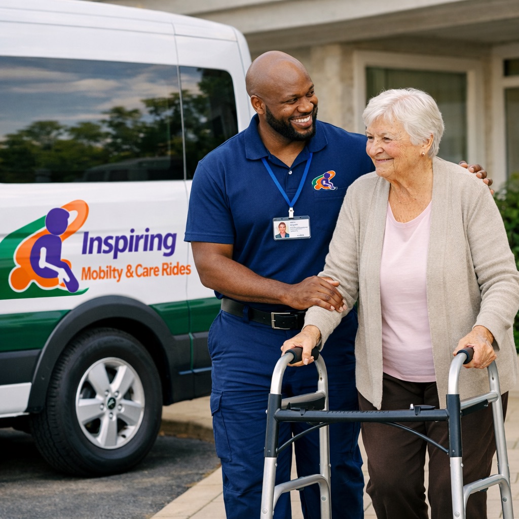 Inspiring Care Rides driver assisting an elderly woman with a walker outside a care home